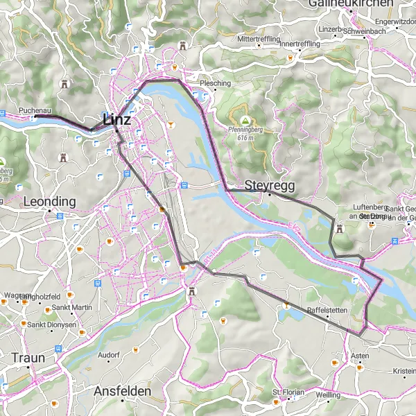 Miniaturní mapa "Krásná cyklostezka kolem Puchenau" inspirace pro cyklisty v oblasti Oberösterreich, Austria. Vytvořeno pomocí plánovače tras Tarmacs.app