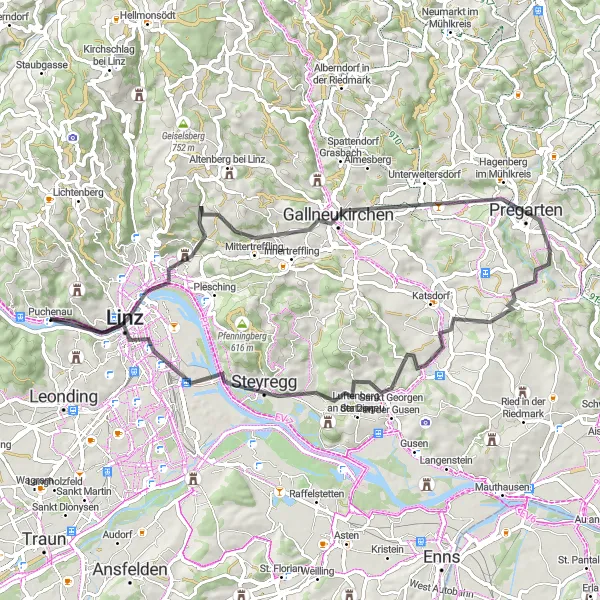 Map miniature of "The Donauschlingen Circuit" cycling inspiration in Oberösterreich, Austria. Generated by Tarmacs.app cycling route planner