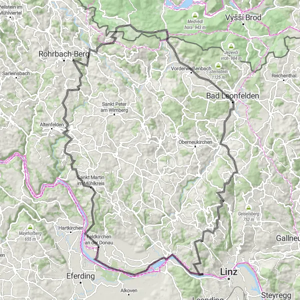 Zemljevid v pomanjšavi "Potovanje po cesti okoli Puchenau" kolesarske inspiracije v Oberösterreich, Austria. Generirano z načrtovalcem kolesarskih poti Tarmacs.app