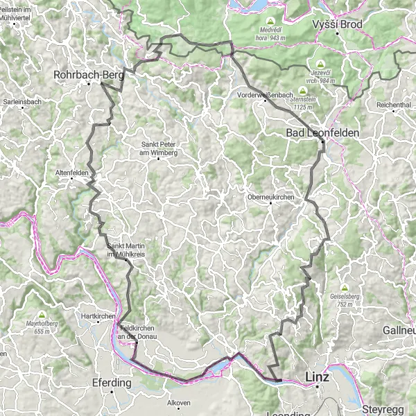 Miniatura della mappa di ispirazione al ciclismo "Tour delle colline Mühlviertel" nella regione di Oberösterreich, Austria. Generata da Tarmacs.app, pianificatore di rotte ciclistiche