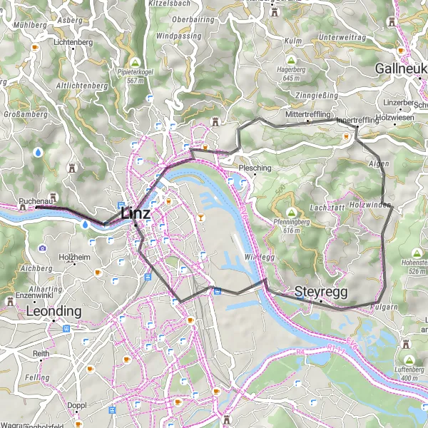 Miniature de la carte de l'inspiration cycliste "Tour panoramique autour de Linz" dans la Oberösterreich, Austria. Générée par le planificateur d'itinéraire cycliste Tarmacs.app