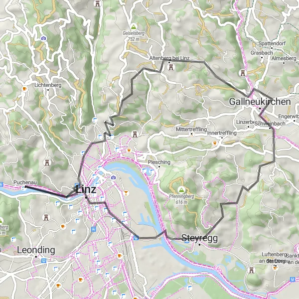 Map miniature of "Gründberg and Steyregg Loop" cycling inspiration in Oberösterreich, Austria. Generated by Tarmacs.app cycling route planner