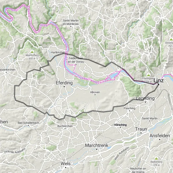 Miniaturní mapa "Výzva kolem Lince" inspirace pro cyklisty v oblasti Oberösterreich, Austria. Vytvořeno pomocí plánovače tras Tarmacs.app