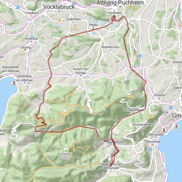 Miniaturní mapa "Gravelový okruh přes kopce" inspirace pro cyklisty v oblasti Oberösterreich, Austria. Vytvořeno pomocí plánovače tras Tarmacs.app
