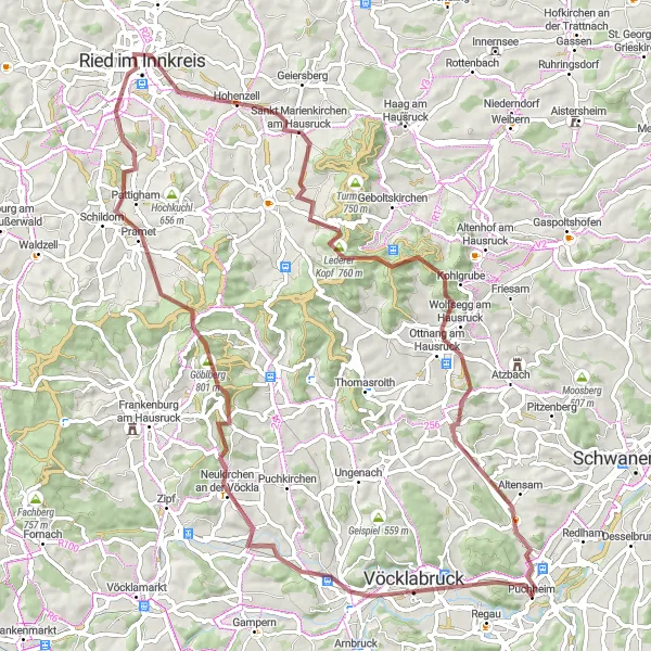 Mapa miniatúra "Zaujímavá trasa v okolí Puchheimu" cyklistická inšpirácia v Oberösterreich, Austria. Vygenerované cyklistickým plánovačom trás Tarmacs.app