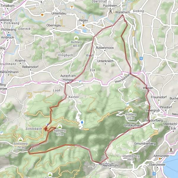 Miniatua del mapa de inspiración ciclista "Ruta por Alpenberg y Schloss Puchheim" en Oberösterreich, Austria. Generado por Tarmacs.app planificador de rutas ciclistas