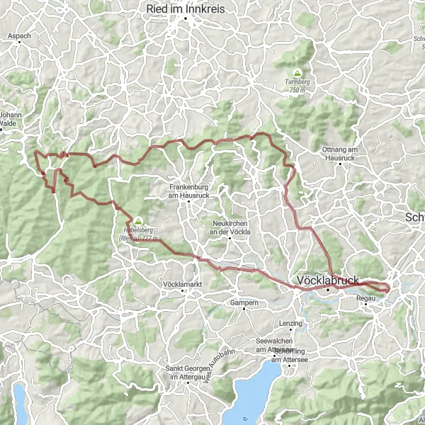 Miniature de la carte de l'inspiration cycliste "Aventure dans le Gravel de Vöcklabruck" dans la Oberösterreich, Austria. Générée par le planificateur d'itinéraire cycliste Tarmacs.app