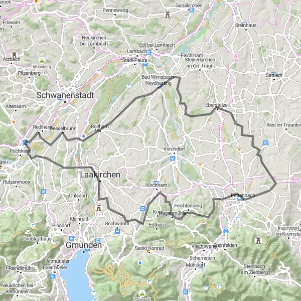 Miniatura della mappa di ispirazione al ciclismo "Giro Panoramico in Bici nella Regione Oberösterreich" nella regione di Oberösterreich, Austria. Generata da Tarmacs.app, pianificatore di rotte ciclistiche