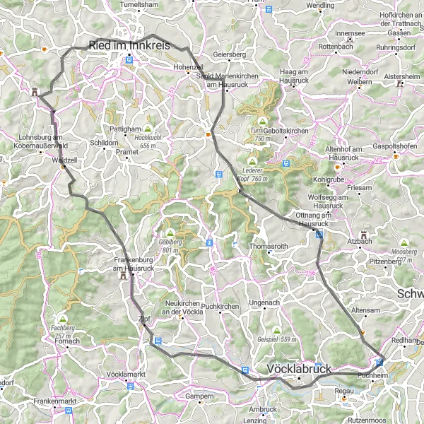 Miniatua del mapa de inspiración ciclista "Ruta por Timelkam y Ried im Innkreis" en Oberösterreich, Austria. Generado por Tarmacs.app planificador de rutas ciclistas