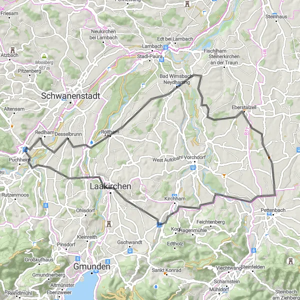 Miniatua del mapa de inspiración ciclista "Recorrido en carretera desde Martinskirche a Attnang-Puchheim" en Oberösterreich, Austria. Generado por Tarmacs.app planificador de rutas ciclistas