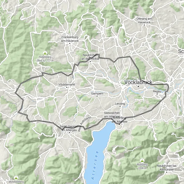 Miniatua del mapa de inspiración ciclista "Circuito por carretera de Schörfling am Attersee a Schloss Wagrain" en Oberösterreich, Austria. Generado por Tarmacs.app planificador de rutas ciclistas