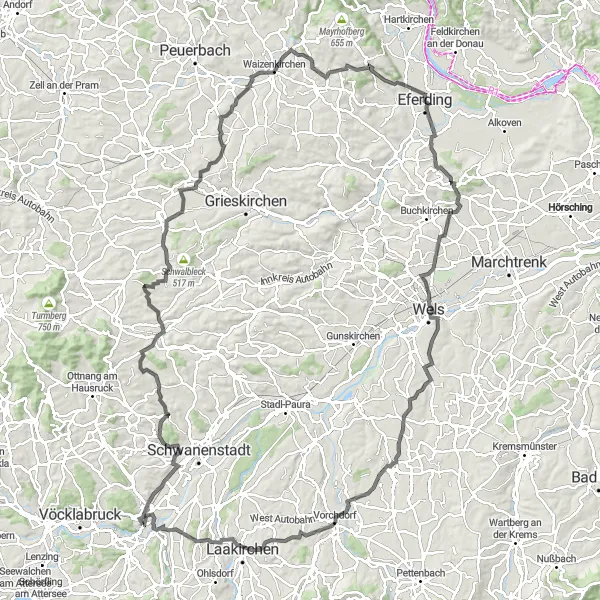 Miniature de la carte de l'inspiration cycliste "Le tour des collines verdoyantes d'Oberösterreich" dans la Oberösterreich, Austria. Générée par le planificateur d'itinéraire cycliste Tarmacs.app