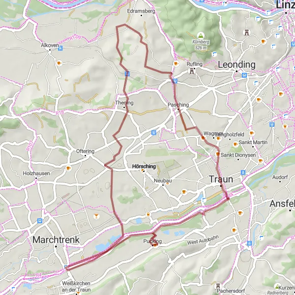 Miniature de la carte de l'inspiration cycliste "Les collines et les champs autour de Pucking" dans la Oberösterreich, Austria. Générée par le planificateur d'itinéraire cycliste Tarmacs.app