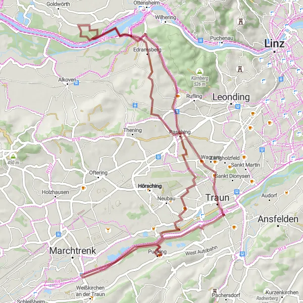 Miniature de la carte de l'inspiration cycliste "Randonnée en gravel à travers les plaines" dans la Oberösterreich, Austria. Générée par le planificateur d'itinéraire cycliste Tarmacs.app
