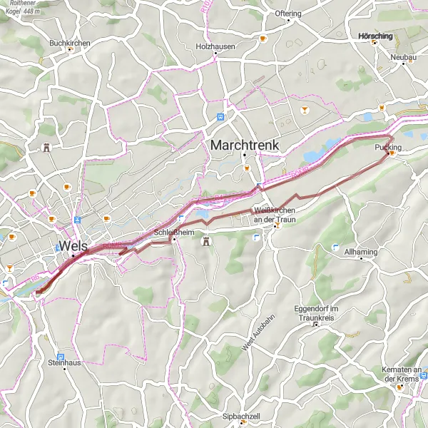 Karten-Miniaturansicht der Radinspiration "Kurze Graveltour um Pucking" in Oberösterreich, Austria. Erstellt vom Tarmacs.app-Routenplaner für Radtouren