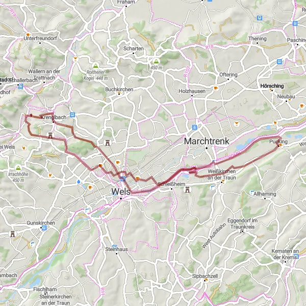 Miniatua del mapa de inspiración ciclista "Ruta de Grava de Pucking a Weißkirchen an der Traun" en Oberösterreich, Austria. Generado por Tarmacs.app planificador de rutas ciclistas