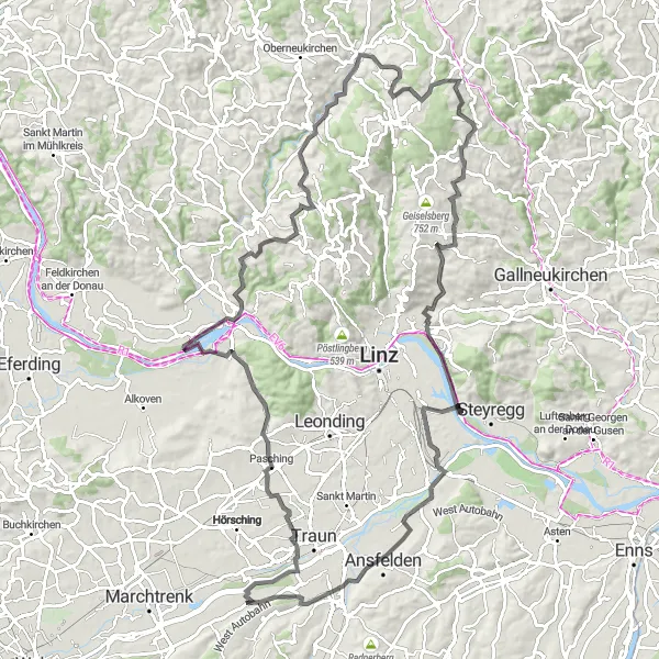 Miniature de la carte de l'inspiration cycliste "Parcours des villages pittoresques" dans la Oberösterreich, Austria. Générée par le planificateur d'itinéraire cycliste Tarmacs.app