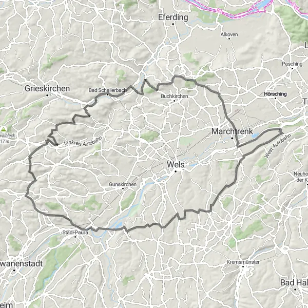 Miniatua del mapa de inspiración ciclista "Ruta Escénica de Pucking a Marchtrenk" en Oberösterreich, Austria. Generado por Tarmacs.app planificador de rutas ciclistas