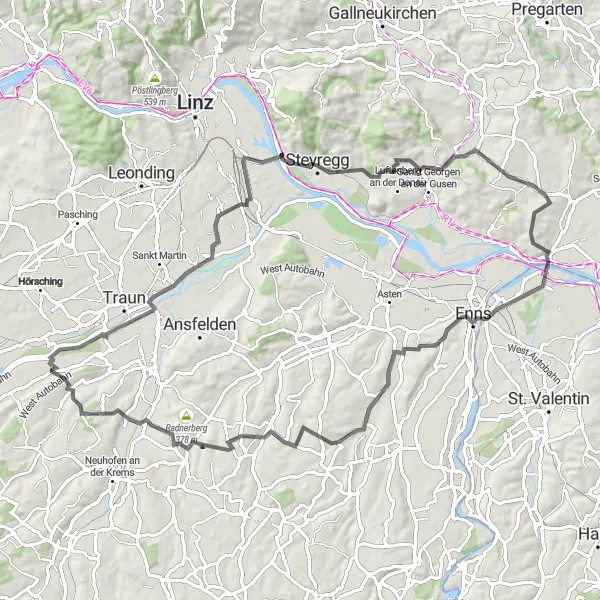 Miniatura mapy "Trasa rowerowa z Pucking do Traun" - trasy rowerowej w Oberösterreich, Austria. Wygenerowane przez planer tras rowerowych Tarmacs.app