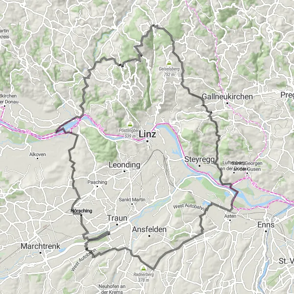 Miniaturní mapa "Zajímavá road cyklistická cesta kolem Puckingu" inspirace pro cyklisty v oblasti Oberösterreich, Austria. Vytvořeno pomocí plánovače tras Tarmacs.app