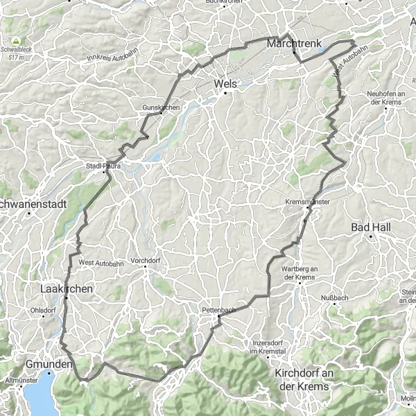 Miniatua del mapa de inspiración ciclista "Ruta en Carretera desde Allhaming a Marchtrenk" en Oberösterreich, Austria. Generado por Tarmacs.app planificador de rutas ciclistas