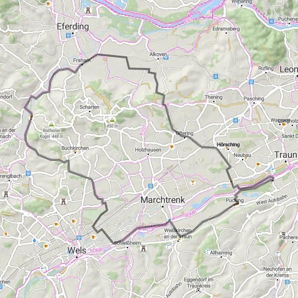 Miniatua del mapa de inspiración ciclista "Ruta de ciclismo por carretera en Pucking y alrededores" en Oberösterreich, Austria. Generado por Tarmacs.app planificador de rutas ciclistas