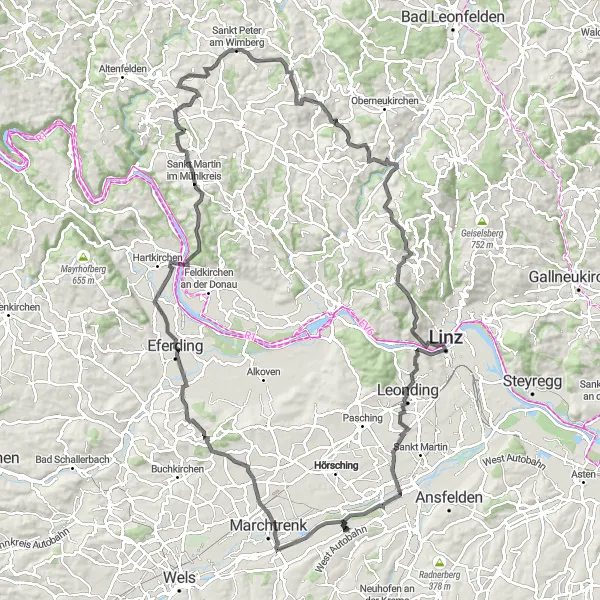Miniatua del mapa de inspiración ciclista "Ruta de Ciclismo en Carretera alrededor de Pucking" en Oberösterreich, Austria. Generado por Tarmacs.app planificador de rutas ciclistas