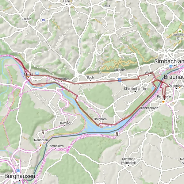 Miniatua del mapa de inspiración ciclista "Ruta de Grava Ranshofen - Gießereistraße" en Oberösterreich, Austria. Generado por Tarmacs.app planificador de rutas ciclistas