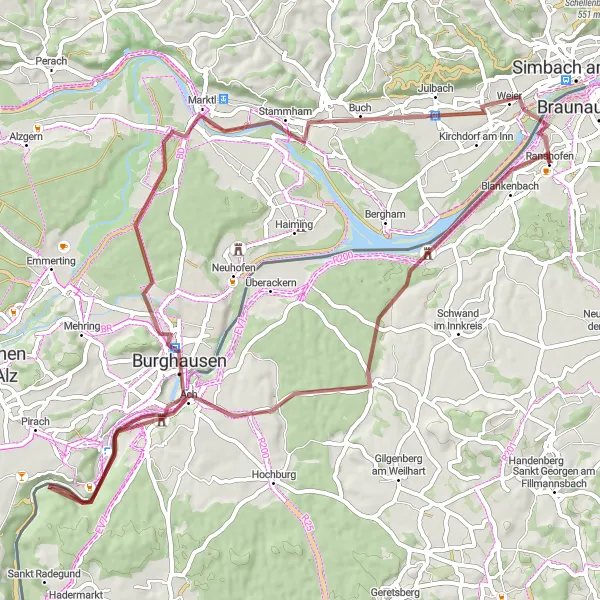 Miniatura della mappa di ispirazione al ciclismo "Avventurosa Escursione in Gravel da Ranshofen a Schloßberg" nella regione di Oberösterreich, Austria. Generata da Tarmacs.app, pianificatore di rotte ciclistiche