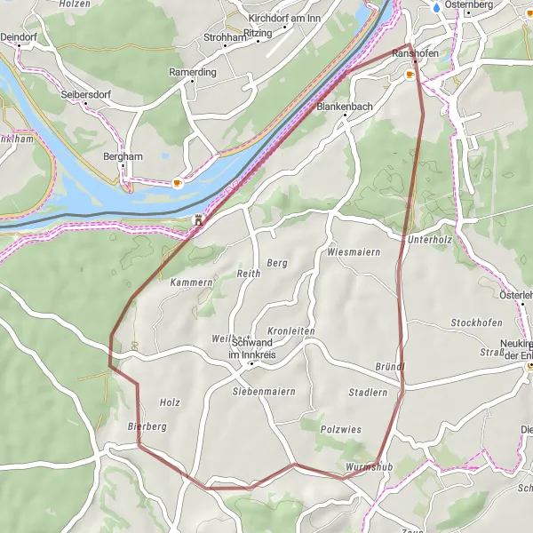 Miniatura della mappa di ispirazione al ciclismo "Gravel Tour tra Ranshofen e Ratzlburg" nella regione di Oberösterreich, Austria. Generata da Tarmacs.app, pianificatore di rotte ciclistiche