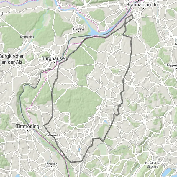 Kartminiatyr av "Ranshofen til Inn-Salzach-Blick" sykkelinspirasjon i Oberösterreich, Austria. Generert av Tarmacs.app sykkelrutoplanlegger