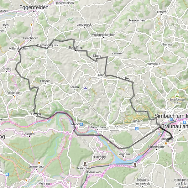 Miniatura della mappa di ispirazione al ciclismo "Ciclabile di 77 km da Ranshofen a Tann" nella regione di Oberösterreich, Austria. Generata da Tarmacs.app, pianificatore di rotte ciclistiche