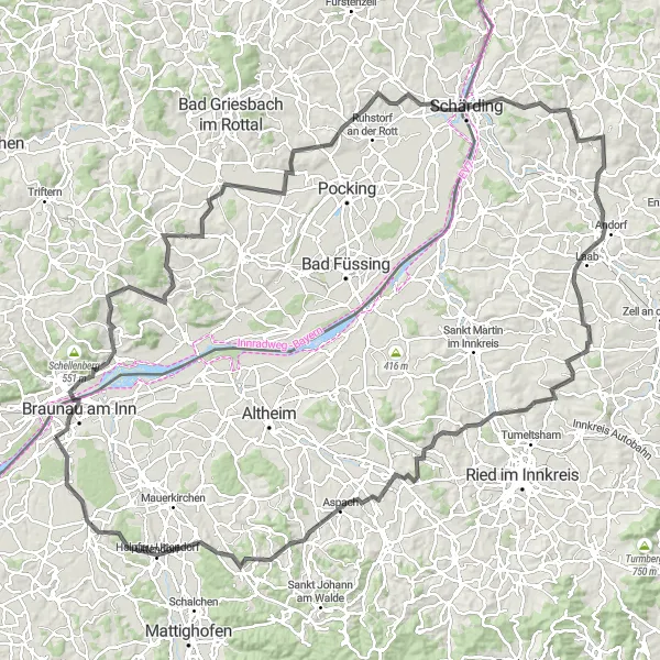 Zemljevid v pomanjšavi "Ranshofen - Braunau am Inn - Kößlarn - Kühnham - Schärding - Rainbach im Innkreis - Andorf - Stelzerberg - Aurolzmünster - Kirchheim im Innkreis - Helpfau-Uttendorf - Schlossberg" kolesarske inspiracije v Oberösterreich, Austria. Generirano z načrtovalcem kolesarskih poti Tarmacs.app