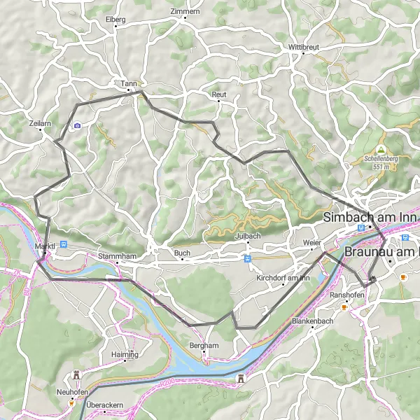 Miniatura della mappa di ispirazione al ciclismo "Giro in bicicletta di 49 km da Kirchdorf am Inn a Braunau am Inn" nella regione di Oberösterreich, Austria. Generata da Tarmacs.app, pianificatore di rotte ciclistiche