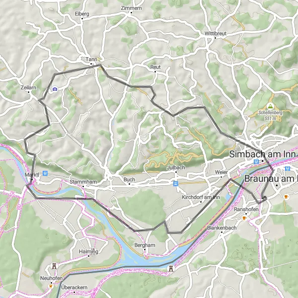 Karten-Miniaturansicht der Radinspiration "Braunau am Inn Rundweg" in Oberösterreich, Austria. Erstellt vom Tarmacs.app-Routenplaner für Radtouren