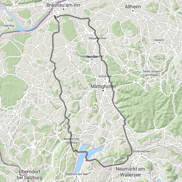 Miniature de la carte de l'inspiration cycliste "Tour de Ranshofen et Munderfing" dans la Oberösterreich, Austria. Générée par le planificateur d'itinéraire cycliste Tarmacs.app