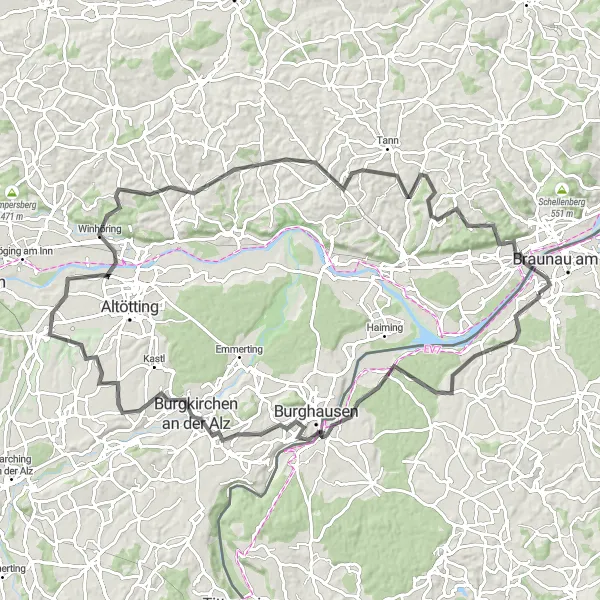 Miniatua del mapa de inspiración ciclista "Ruta en Carretera de Ranshofen a Burghausen" en Oberösterreich, Austria. Generado por Tarmacs.app planificador de rutas ciclistas