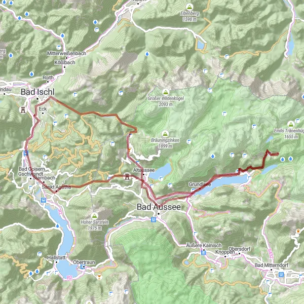 Map miniature of "Ahornkogel and Altaussee Gravel Loop" cycling inspiration in Oberösterreich, Austria. Generated by Tarmacs.app cycling route planner