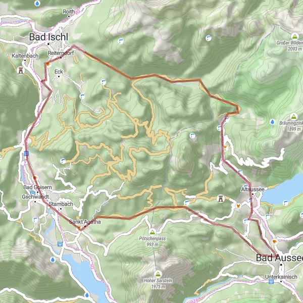 Map miniature of "Ahornkogel and Siriuskogl Gravel Loop" cycling inspiration in Oberösterreich, Austria. Generated by Tarmacs.app cycling route planner