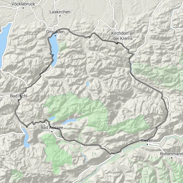 Miniaturekort af cykelinspirationen "Søer og Landskaber ved Gmunden" i Oberösterreich, Austria. Genereret af Tarmacs.app cykelruteplanlægger