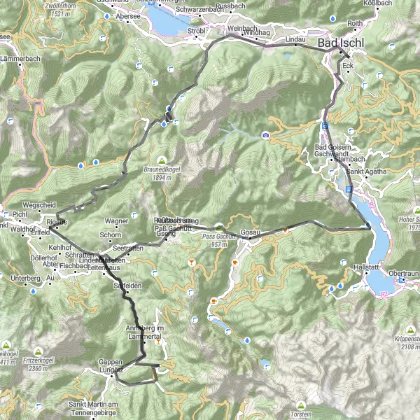 Zemljevid v pomanjšavi "Raziskovanje Alpske ceste do Bad Ischla" kolesarske inspiracije v Oberösterreich, Austria. Generirano z načrtovalcem kolesarskih poti Tarmacs.app