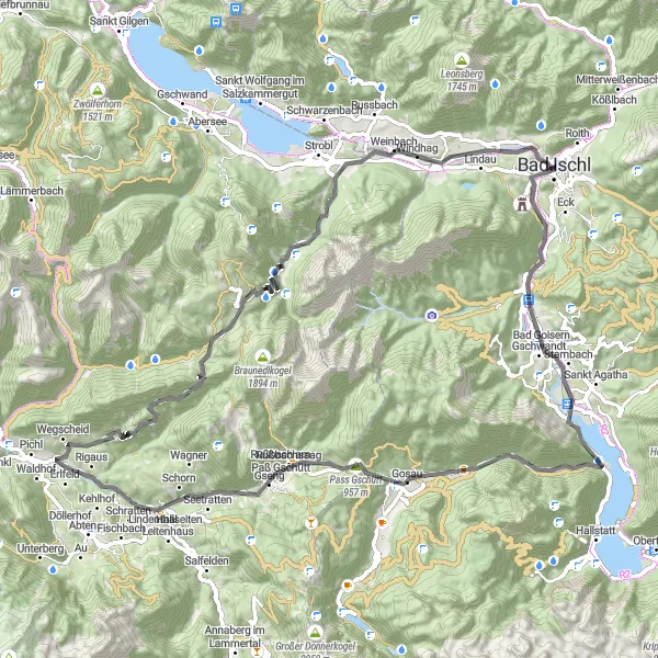 Zemljevid v pomanjšavi "Vrhunska kolesarska pustolovščina po Salzkammergutu" kolesarske inspiracije v Oberösterreich, Austria. Generirano z načrtovalcem kolesarskih poti Tarmacs.app