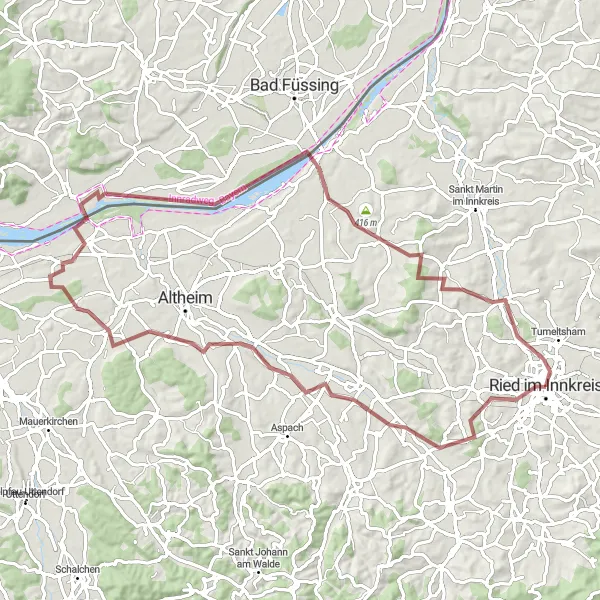 Miniatua del mapa de inspiración ciclista "Ruta de Grava - Castillo Wildenau y más" en Oberösterreich, Austria. Generado por Tarmacs.app planificador de rutas ciclistas