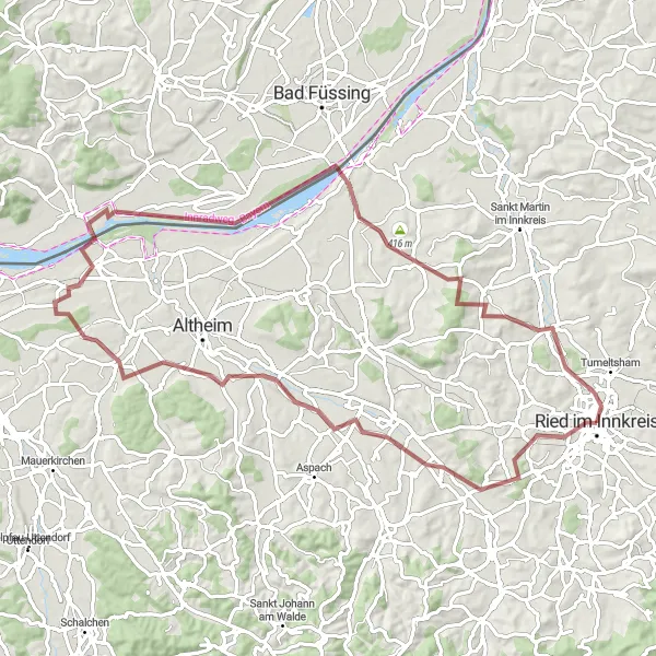 Miniatuurkaart van de fietsinspiratie "Gravelroute Ried im Innkreis - Schloss Wildenau" in Oberösterreich, Austria. Gemaakt door de Tarmacs.app fietsrouteplanner