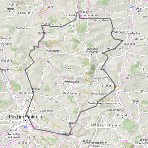 Miniaturní mapa "Kolem Ried im Innkreis Road Route" inspirace pro cyklisty v oblasti Oberösterreich, Austria. Vytvořeno pomocí plánovače tras Tarmacs.app