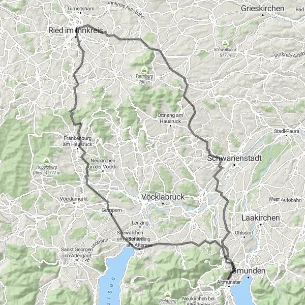 Miniature de la carte de l'inspiration cycliste "Le Grand Tour des Collines Autrichiennes" dans la Oberösterreich, Austria. Générée par le planificateur d'itinéraire cycliste Tarmacs.app
