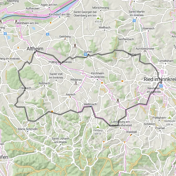 Map miniature of "Lohnsburg am Kobernaußerwald Round-Trip Cycling Route" cycling inspiration in Oberösterreich, Austria. Generated by Tarmacs.app cycling route planner