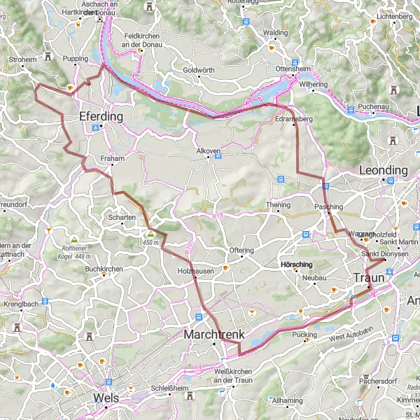 Map miniature of "Traun and the Towns: Gravel Cycling Route" cycling inspiration in Oberösterreich, Austria. Generated by Tarmacs.app cycling route planner
