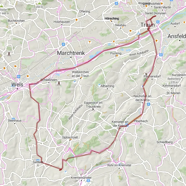 Miniatuurkaart van de fietsinspiratie "Gravel avontuur rond Sankt Dionysen" in Oberösterreich, Austria. Gemaakt door de Tarmacs.app fietsrouteplanner