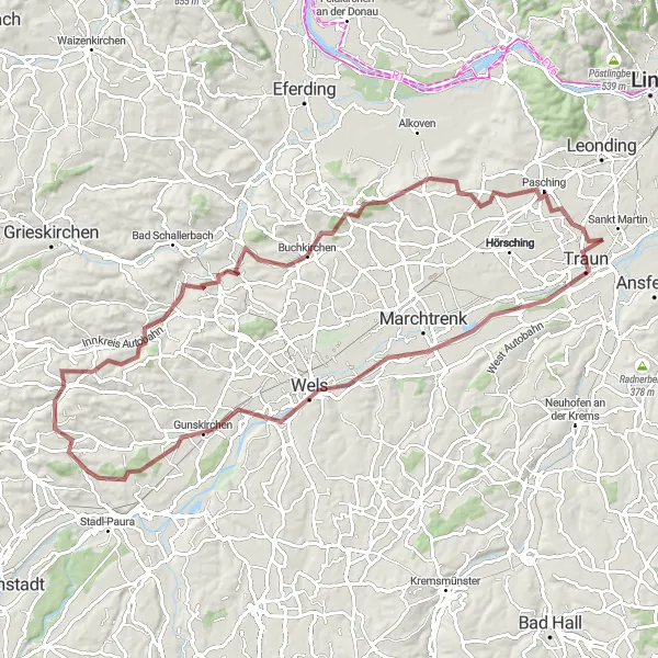 Miniatua del mapa de inspiración ciclista "Ruta de Grava a través de Traun y Pichl bei Wels" en Oberösterreich, Austria. Generado por Tarmacs.app planificador de rutas ciclistas